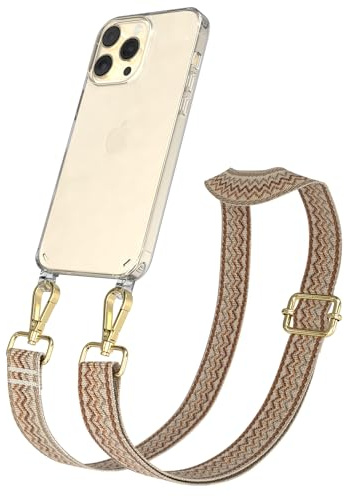 EAZY CASE Handykette - Verstellbares Taschenband kompatibel mit iPhone 14 Pro Max, Schulterriemen, Handykordel mit Silikon Hülle, Umhängetasche, Beige Braun Gold
