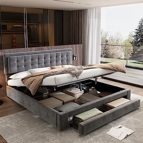 Upholstered Bed Frame with Hydraulic Lift & Drawer, 6ft Super King Size Bed Frame with Large Storage Space & Adjustable Headboard, Velvet Functional Ottoman Storage Bed,Wooden Slats,No Mattress,Grey