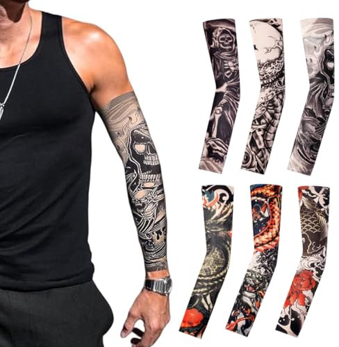 QOCUILC 6 manchettes tatouage imitation – Manches en nylon pour homme et femme, style temporaire pour carnaval, festivals, fêtes, cosplay ou déguisement original