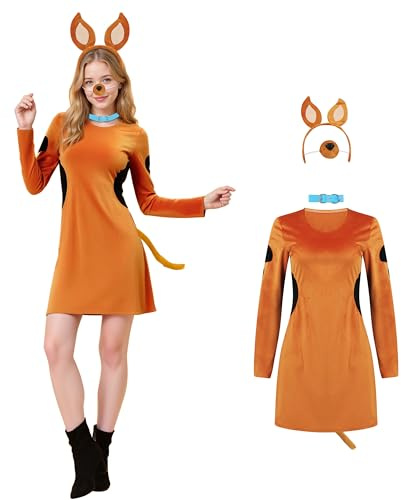 GQWSTP Women Puppy Dog Costume Dress Set Dog Ears Headband Tail Nose Collar Adult Doggie Detective TV Character Costume, Brown, X-Large