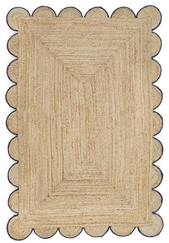 Scalloped Natural Jute Area Rug, NScallop Navy Jute Rug 2x3 Boho Decor Area Rug Door mat (Blue Border, 2X3)
