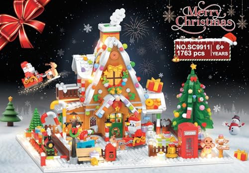 PLAXSOON Weihnachts Lebkuchenhaus Bauspielzeug mit Lichtern, Weihnachten Haus Mini Klemmbausteine Spielzeug mit Weihnachtsmann Tannenbaum Zug 1763 Stück, Geschenk für Erwachsene Jungen Mädchen ab 14+