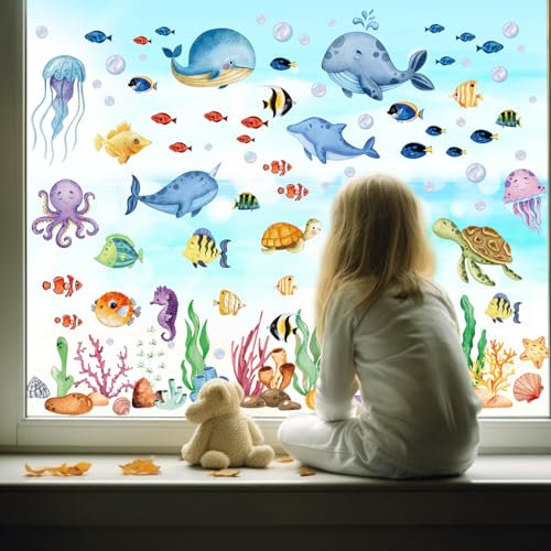 Fensterbilder Sommer Deko, 9 Blatt Wiederverwendbare Unterwasserwelt Selbstklebend Fenstersticker mit Meerestieren, Ozean Fensteraufkleber für Kinder Badezimmer
