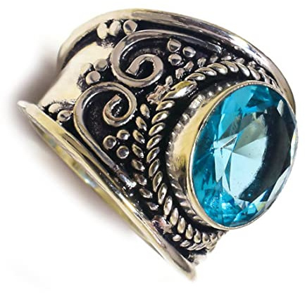 JENAV JEWELS Blauer Topas, ovaler Edelstein, oxidiert, handgefertigt, antiker Statement-Ring (US-7), Vintage-Ring mit blauem Stein