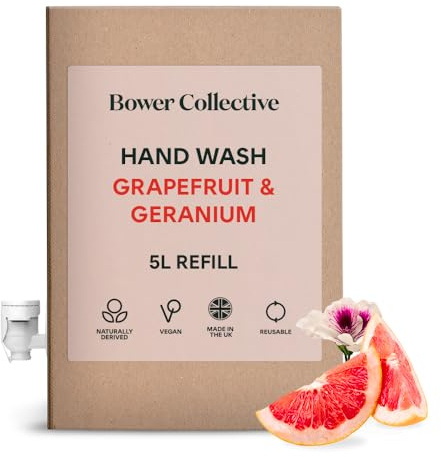 Bower Collective 5 Litre Premium Hand Soap Bulk Refill, Natural Antibacterial Handwash, Geranium & Grapefruit Hand Wash, Eco-Friendly Soap, 1500+ Washes