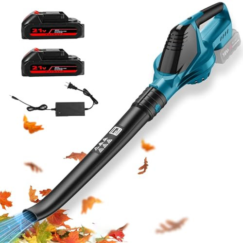Kabelloser Laubbläser, 21 V, Akku-Laubbläser mit 5 Geschwindigkeitsstufen, Luftvolumen max. 3,8 m³/min, Laubbläser für die Rasenpflege, Schneeräumung und Staubentfernung (2 x Akku)