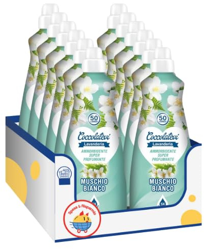 Ammorbidente Super Profumante per il Bucato Essenza Muschio Bianco – 50 Lavaggi – 1250 ml kit con Spugna Brandizzata SPESA & RISPARMIO Inclusa – Variazioni 4/8/12 Pezzi (12)