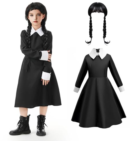 ASSUGO 2025 wensdey kostüm kinder, halloween kostüm kinder,Inklusive schwarzes kleid und wednesday perücke, wednesday kostüm halloween Geeignet für Halloween Partys,Cosplay