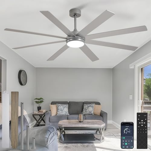 Depuley 66 Deckenventilatoren mit Beleuchtung: Großer Deckenventilator für Terrassen und Wohnzimmer - 8 Flügel, silberfarben, dimmbar, mit Fernbedienung, APP-Steuerung, Timer, umkehrbar
