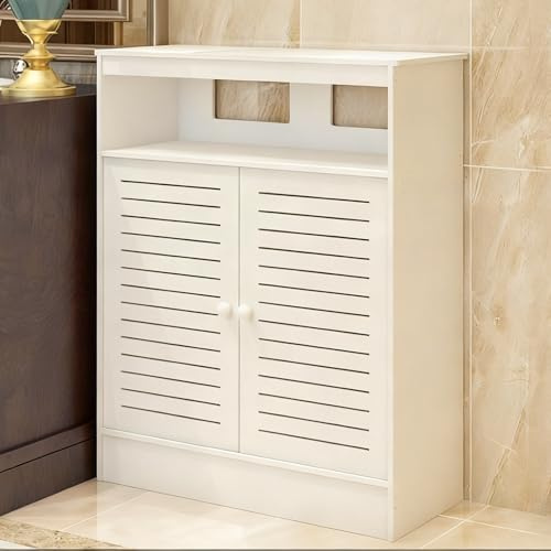 KLWQR Heizkörperverkleidung Weiß Lamellengitter Heizkörperabdeckung Regal Schrank Heizungsverkleidung für Badezimmer Standschrank Fußbodenheizungsverteiler(82x90x20 cm/32x35x8 in)