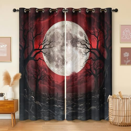 Havenix Gothic Totenkopf Vollmond Vorhänge Blickdicht Gardinen mit ösen Horror Skelett Rot Vorhang 200 cm Lang Verdunklungsvorhänge für Schlafzimmer Wohnzimmer Fenster Thermovorhang 2er Set