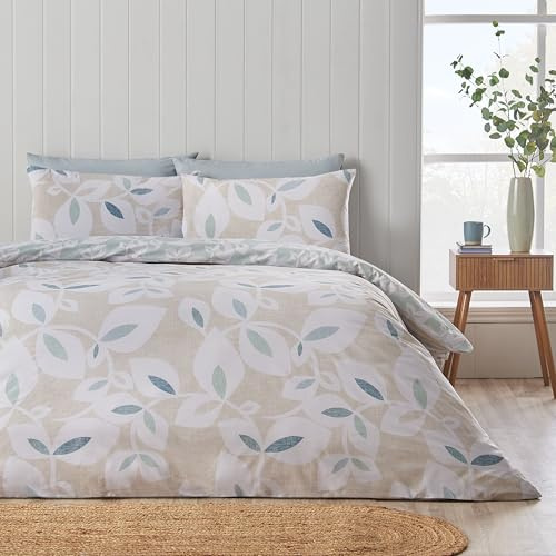 Catherine Lansfield Inga Leaf Wende-Bettwäsche-Set für Einzelbett mit Kissenbezug, Natur