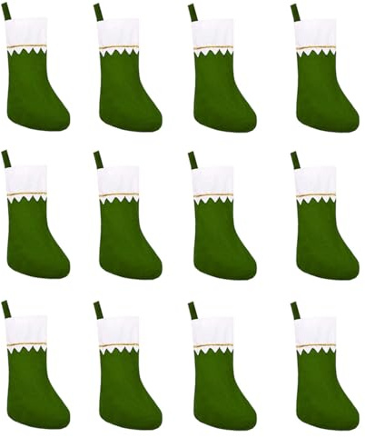 NARHOR 12 Stück Weihnachtsstrümpfe für Weihnachten DIY Zubehör, 36 x 23 cm,Großer Weihnachtsstrumpf, Socken mit weißem Rand, goldenem Saum und grüner Sohle