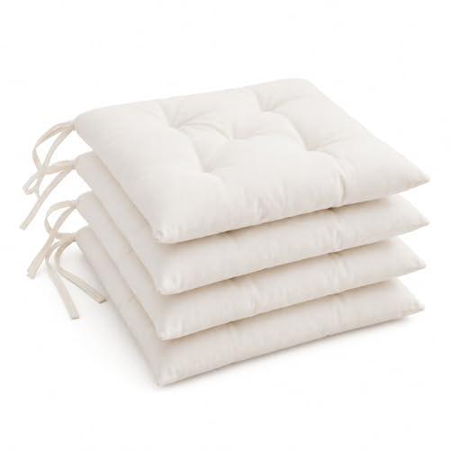 KAMACA 4er Set Sitzkissen 40x40x8 cm Elfenbein Baumwolle Stuhlkissen mit Bindebändern extra dick weich bequem Küchenstuhl Esszimmer Balkon Terrasse Sitzpolster