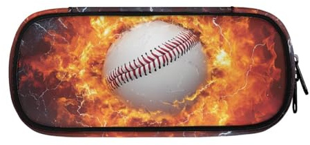 ASQVTIFE Flame Baseball Pencil Case with Zipper for School Boys Ages 8-12 Flame Baseball Pencil Box with Compartments 4-Hole Binder Mesh Zipper Case Pen Bag Pocket Estuches para Lapices Escolares