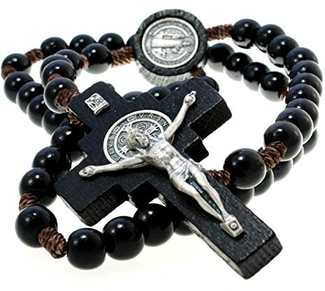 Alexander Castle Solide Hölzerne Rosenkranz Perlen Katholisch (Handmade - Brazilian Walnut) mit St. Benedikt Herzstück - Kommt in Velours-Geschenk-Beutel - Dunkelbraun/Schwarz