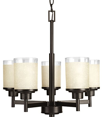 Progress Lighting Alexa Collection 5-Light Etched Umber Linen with Clear Edge Glass Modern Chandelier Light Antique Bronze