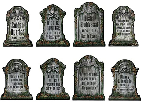 Verpackte Grabstein-Ausschnitt-Dekorationen, 2 Stück | 8er-Pack Papierrequisiten mit 16 gruseligen Friedhofs-Designs für Spukhäuser, Halloween-Partys, Friedhöfe und gruselige