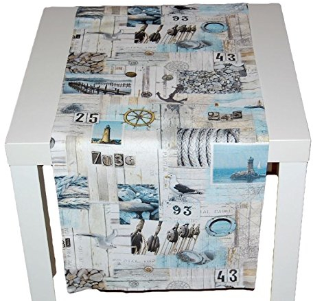 Tischdecke Exclusive 38 x 100 cm MARITIM Baumwolle Vintage Style Nautik Shabby Look Möwe Kieselsteine Kollektion Sandner/Germany (Tischläufer 38x100 cm)