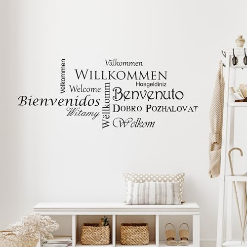 GRAZDesign Wandtattoo Multilingualer Willkommensgruß Wandsticker Flur und Diele, Eingang, Sprüche Wandsprüche, Sticker Aufkleber modern - 77x30cm / 070 schwarz