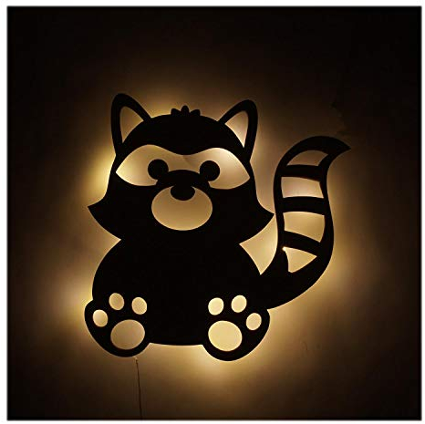 #004 Holz Geschenkideen I Led Lampe Nachtlicht Waschbär für Kinder und Erwachsene