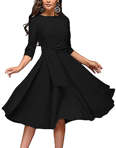 Women's Elegance Audrey Hepburn Style Ruched Dress Round Neck 3/4 Sleeve Sleeveless Swing Midi A-line Dresses with Pockets - - Large