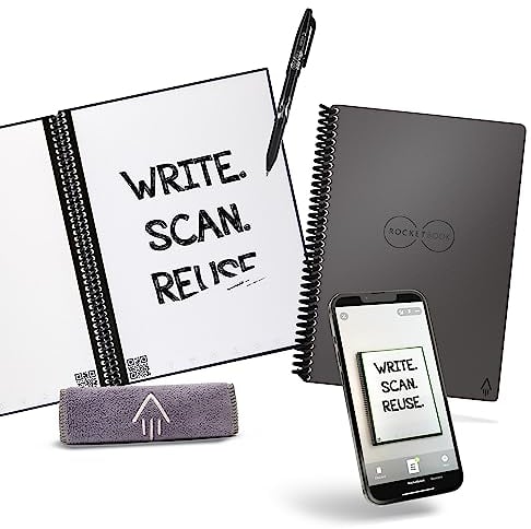 Rocketbook Core Wiederverwendbares Digitales Notizbuch - Executive A5 Grau - Elektronischer Notizblock mit Punktraster - Wiederbeschreibbar mit inkl. Pilot Frixion Stift und Mikrofasertuch