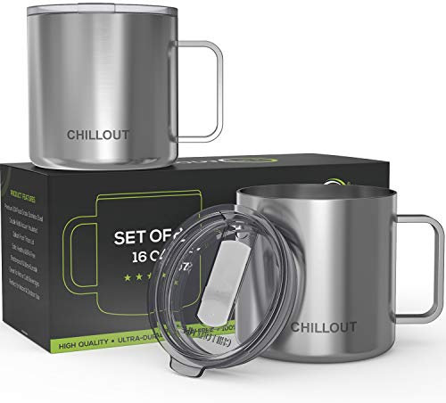 CHILLOUT LIFE Vakuumisolierter Kaffeebecher aus Edelstahl, 473 ml (2er-Set) mit Griff und Deckel, große Thermo-Kaffeetassen mit Schiebedeckel für Männer und Frauen, hält Ihre Getränke heiß und kalt