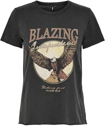 ONLY Damen ONLLUCY Life REG S/S Western TOP Box JRS T-Shirt, Black/Print:Blazing, L