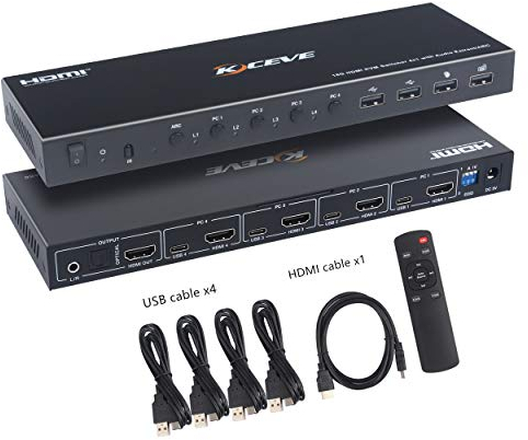 HDMI KVM Switch, 4 Computer KVM-Schalter Teilen Sich Maus, Tastatur und Monitor Umschalter Unterstützung 4K@60Hz Mit Hub-Funktion für Laptop, PC, PS4, Xbox HDTV