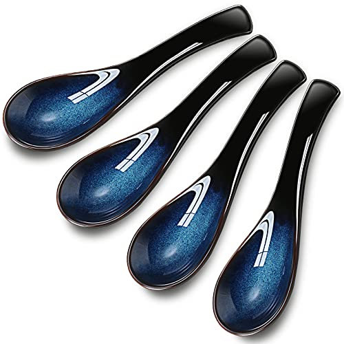 4 Pieces Japanese and Korean Ceramic Soup Spoons Set Long Handle Rice Spoons Retro Ramen Bowl Soup Spoon Suitable for Soup, Gravy, Cake, Oatmeal, Dumplings