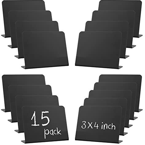 Kleine Schwarze Kreidetafel-Schilder, 15 Stück, radierbar, rechteckig, Tafel-Schilder, Schwarze Nachrichten-Tafel-Schilder, doppelseitige PVC-Lebensmittel-Etiketten für Party, Acryl-Tischnummern