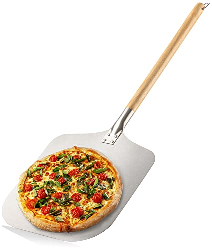 com-four® Pizzaschaufel aus rostfreiem Edelstahl 430 - Pizza- und Kuchenheber mit Holzgriff - Pizzaschieber für Pizza, Flammkuchen, Brötchen und Brot - abnehmbarer Griff (braun/silberfarben - eckig)