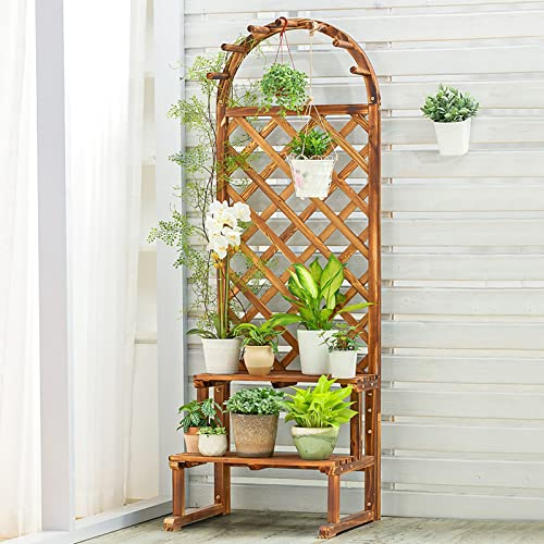 LIGUOYI Blumenregal, Holz Blumentreppe 2 Ebenen, Halbkreis Dekorativer Pflanzenständer, 60 L X 50 B X 175 H cm Stehendes Blumenregal, Blumentopf Ständer Mit Aufhängestange Für Drinnen Und Draußen