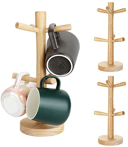 YAYODS 3 Set Wooden Mug Tree, Free Standing 6 Cup Holder with Base, Wooden Cup Tree Stand for Tea Coffee Mug Hooks, Paper Towel