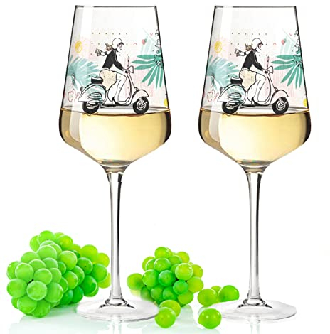 Leonardo Puccini Weingläser mit UV-Druck - Summer Vibes Design - Geschenk für Weingenießer zum Grillfest Sommerfest - Sommer Geschenk mit abstrakten Formen & Retro Roller Motiv für Sie & Ihn