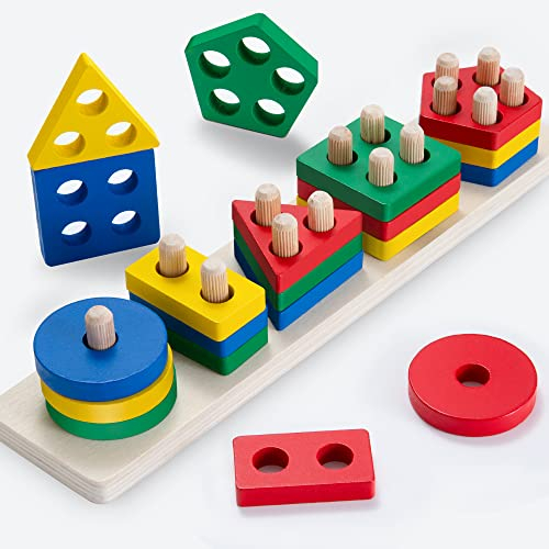 Wisplye Holz Sortier und Stapelspielzeug, Farben und Formen Puzzle-Stapler, Montessori Early Educational Block Puzzles für 1 2 3 Jungen und Mädchen Geschenk Weihnachten