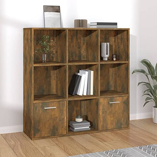 Norheim Bibliothèque, Bibliothèque en Bois, Étagère de Rangement 9 Cubes, Inclus 7 Cubes Ouvertes et 2 Cubes avec Portes,bibliotheque Etagere Rangement,pour Salon Bureau, Chêne fumé 98x30x98 cm