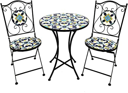 Dekoratives Mosaik Set 3-teilig Sitzgarnitur Sitzgruppe Gartentisch Stühle Gartenmöbel Bistrotisch