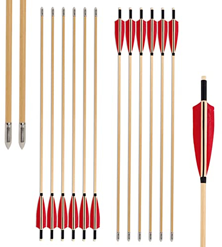 Lamehfyo Bogenschießen Holzpfeile 32 Handgefertigte Holzpfeile Traditionelle Jagdpfeile Holzschaft mit Truthahnfeder Metallspitzen für Recurvebogen Langbogen (12Stück)
