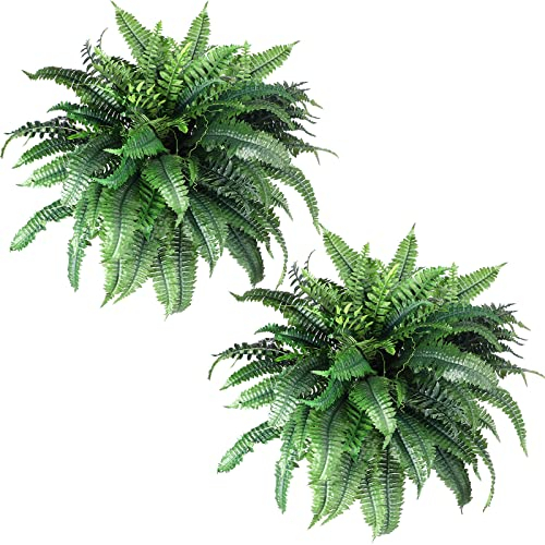 Jutom Künstliche Farne für den Außenbereich, künstlicher Boston-Farnstrauß, 88 langer Seidenzweig, künstlicher Farn, Blumen, Sträucher für Haus, Büro, Garten, Arrangement, 74 cm (2 Stück)