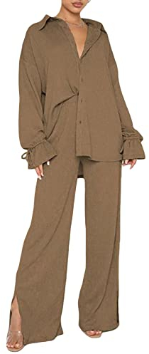 Yassiglia Damen Casual 2-teiliges Outfit-Set, modisches langärmeliges Hemd mit Knopfleiste und Hose, Streetwear, Loungewear, khaki, 42