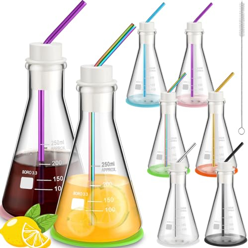 Copkim 25 Pcs Lab Flask Chemistry Drinking Glasses, 6 Set 8.5 oz Thick Clear Tumbler Scientific Beaker Mugs Flask for Cocktails Coffee Cold Drinks Novelty Cocktail Glasses Set(Lab Flask)
