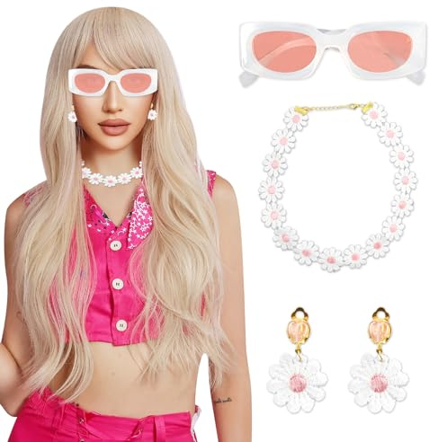 Hpbaggy Kostüm Zubehör Set,Pink Costume Accessories,Rosafarbenes Cosplay Kostüm,Damen Zubehör Set,Chiffon Schal Haarspange Schleife Sonnenbrille Ohrringe,80er Jahre Outfit Damen Mottoparty