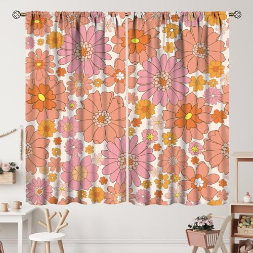 ZhiRain Vintage-Blumenvorhänge, Retro-Stil, 70er- und 60er-Jahre-Stil, rosa-orange, Blumenvorhang mit Stangentasche für Wohnzimmer, Schlafzimmer, Küche, Heimdekoration, Vorhänge, Fensterbehandlungen,