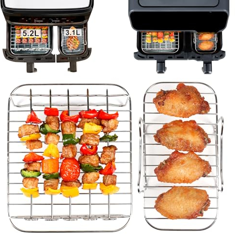 GINOYA Stainless Steel Air Fryer Racks for Dual Drawer Air Fryers, 5.2L/3.1L, 4L/6L, 304 Food Grade, Dishwasher Safe, Perfect for Tefal Easy Fry, Tower, Lakeland, Salter, NETTA, EUARY