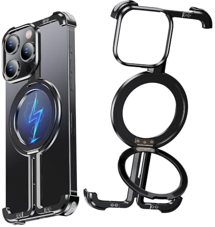 NIFBANG Frameless Aluminium Case for iPhone 14 Pro, Magnetic Shockproof Mobile Phone Case with Magsafe, Anti-Scratch Anti-Fingerprint Cases, Thin, Protective Case with Integrated Stand (Black)
