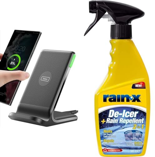 INIU Wireless Charger Stand, 15W Qi Zertifiziert Induktive Ladestation Schnelles Kabelloses Ladegerät & Rain-X Scheiben-Frostschutz, Enteiser und Regenabweiser, 2-in-1, 500 ml