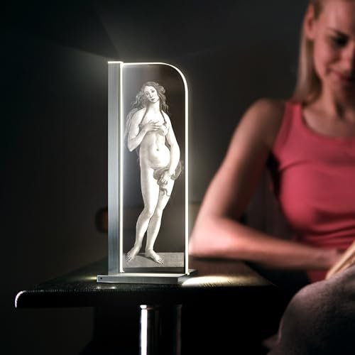 Luverre Tischlampe | LED-Leuchte | Glas-Leuchte mit Gravur für Nachttisch, Kommode, Wohnzimmer | Kunst, Malerei (VENUS by Botticelli, Rechteck | silber)