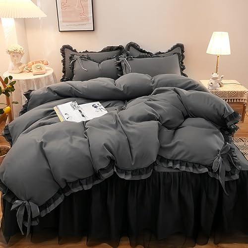 GETIYA Dunkelgrau Unifarben Bettwäsche 135x200 Elegant Rüschen Bettwäsche mit Schleife Weich Mikrofaser Bettbezug mit Rüschen Mädchen Damen Bettwaren-Set Einzelbett mit 1 Kissenbezug 80x80